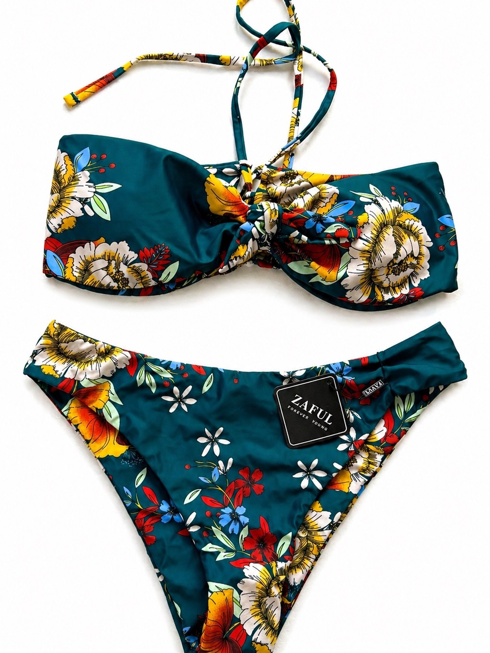 Zaful Teal Floral Bandeau Bikini with Knot Front Size 12 Tropical Trendy Island
